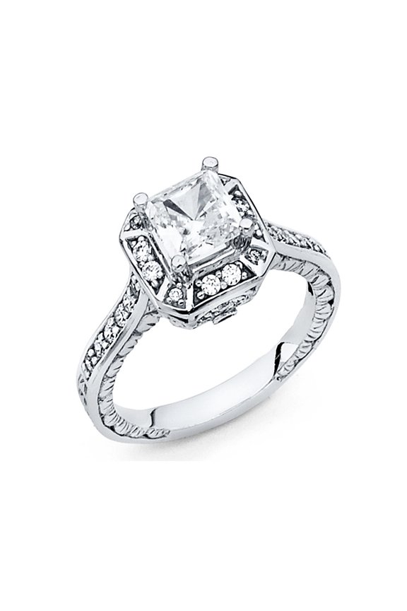 Princess CZ Engagement Ring 14k White Gold Vintage Style Anniversary Square CZ Band Side Stones Size 7.5