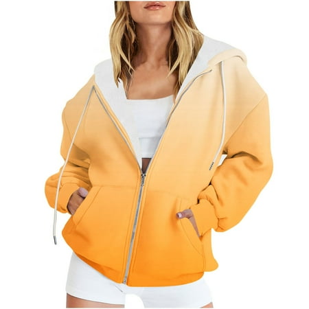 UTSJKR Women s Oversized Gradient Hoodies Full Zipper Long Sleeve Pullover Sweatshirt Fleece Lined Warm Jacket 2024 Fashion Winter Outwear Yellow S