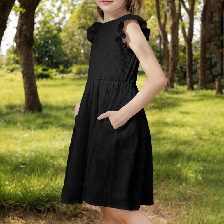 Midi Dress Girls Black Sleeveless Dress Gienakse Baby Girl Dress Girls  Elegant Ruffle Sleeve Midi Dresses