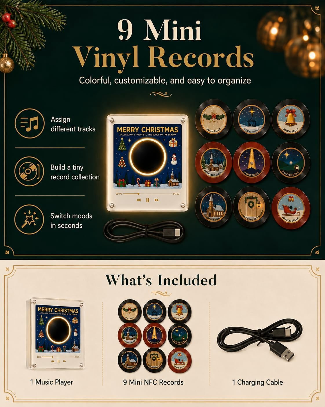NovaSyrma Magnetic Fridge Vinyl Music Box Christmas, Magnetic Vinyl Player for Fridge, with 9 Vinyl Style Discs and USB C,  Festive Compact Accessory for Kitchen Office Bedroom