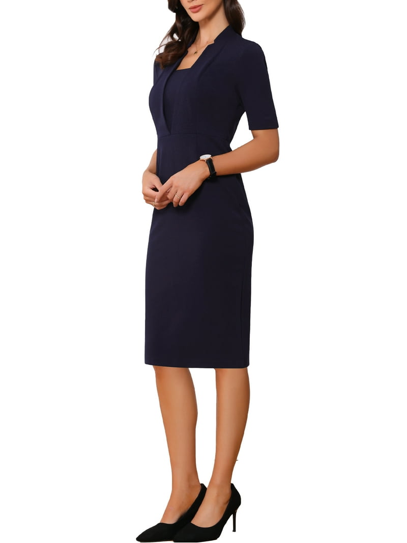 Inspire Chic Mother's Day Women's Sheath Dress V Neck Short Sleeves Wear-to-Work Bodycon Midi Dresses Dark Blue L, Size: Large