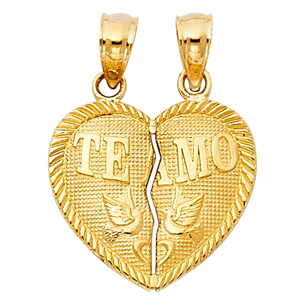 14K Yellow Gold Te Amo Heart 2 Piece Charm Pendant with 2mm Figaro 3+1 Chain Necklace