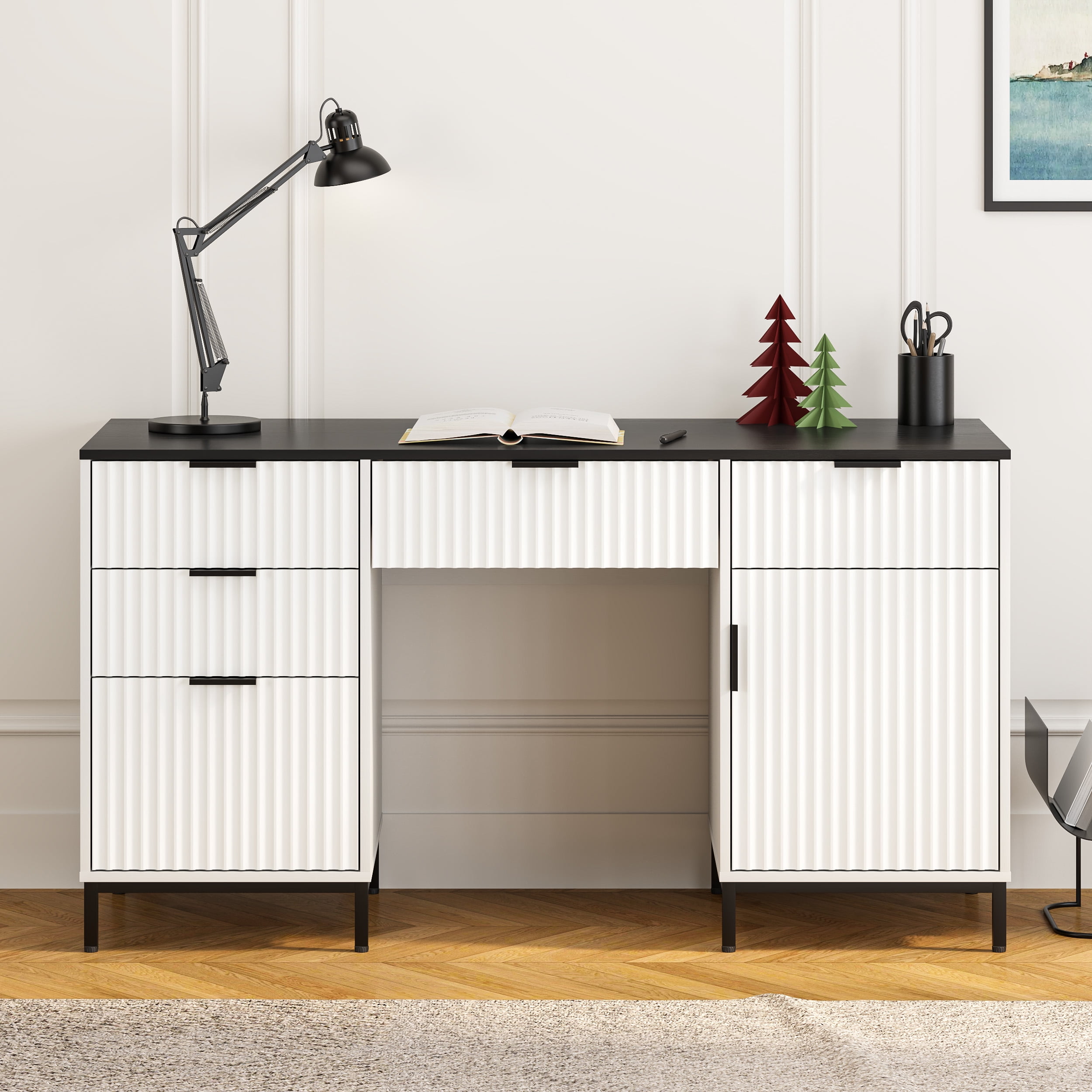 Joyyskill Fluted Executive Desk with File Drawer, 55" Large Computer Desk with Storage and Charging Station, Modern Wooden Home Office Desk White