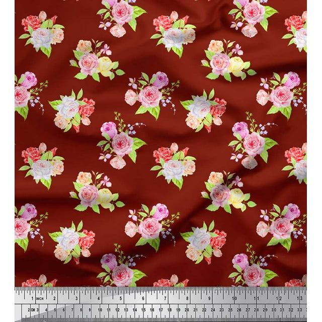 Soimoi Red polyester Crepe Fabric Leaves & Grandiflora Roses Floral Printed Craft Fabric by the Yard 42 Inch Wide