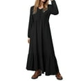 thumbnail image 5 of vigerkar Women's Linen Maxi Dress Long Sleeve with Pockets Casual V-Neck Tiered Ruffle Dress Boho Beach Pleated Long Dress Black, XL, 5 of 9