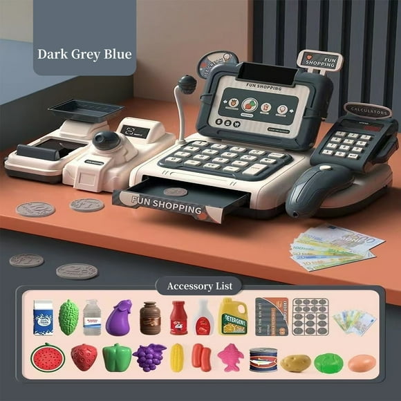 Graflsoa Interactive Multilingual Cash Register Toy Set for Kids - Dark Gray-Blue, Pretend Play with Realistic Shopping Accessories, 360° Microphone, Scanner & Music Effects, Ages 3+
