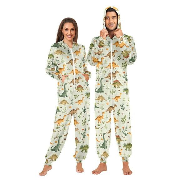 Adult Christmas Onesie Dinosaur Leaves Stone Flowers Adult Zipper One-Piece Pajamas Unisex Pajamas with Pockets