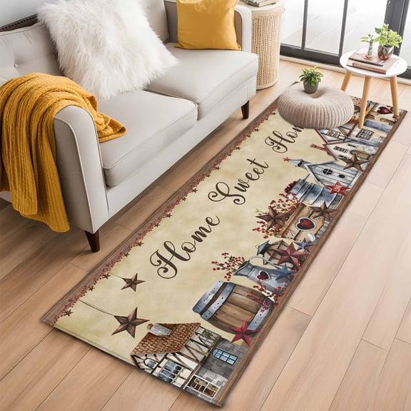 Farm Kitchen Runner Rug 2x6 Washable Runners for Hallway Non Slip American Country Barn Star Vintage Berry Brown Large Area Rug Indoor Floor Carpet for Bathroom Laundry Entryway Bedroom Living Room