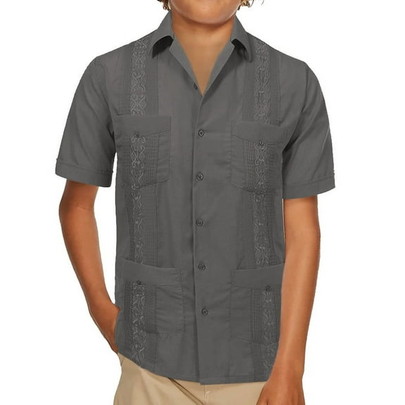 Boy's Guayabera Wedding Baptism Kids Toddler Junior Button-Up Casual Dress Shirt (Charcoal, 16)