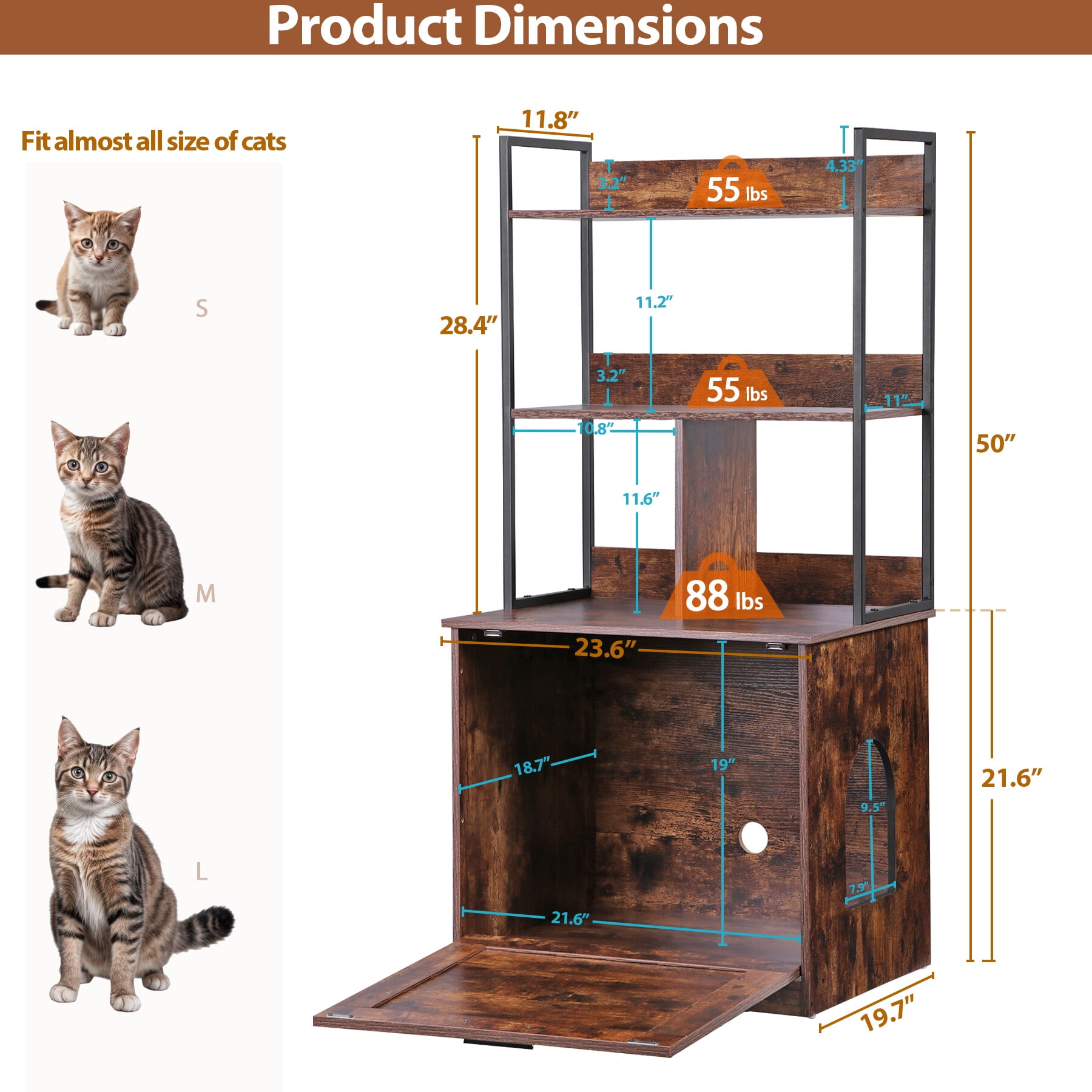 HomGarden 2-in-1 Cat Hidden Litter Box Enclosure W/Storage Shelves, Cat Washroom & Furniture, Rustic Brown