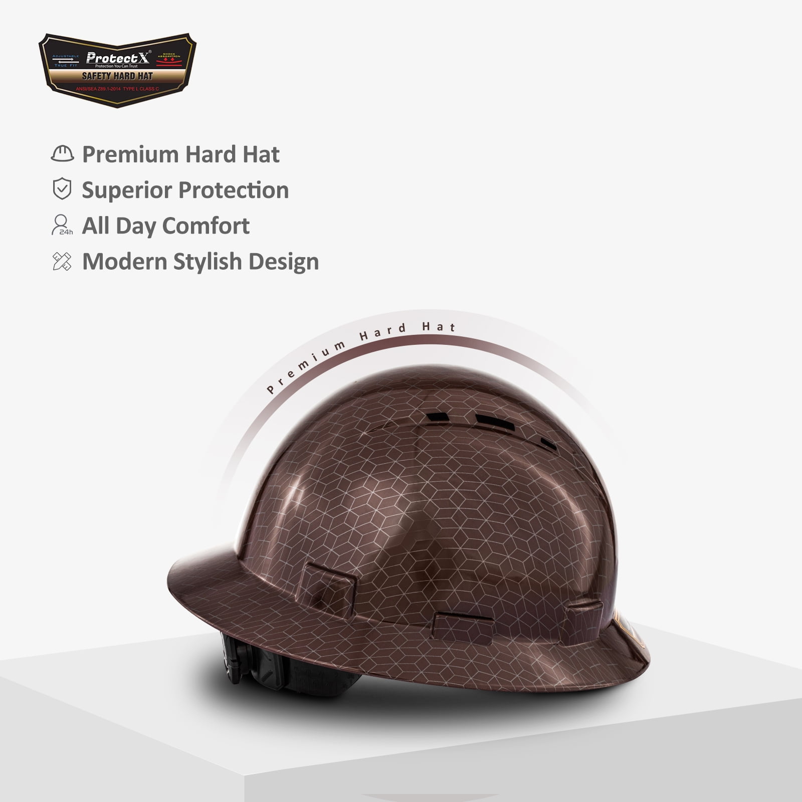 ProtectX Premium Full Brim Hard Hat, Cascos De Construccion for Safety, Vented, 6-point Adjustable Ratchet Suspension, Burgundy, OSHA/ANSI Compliant
