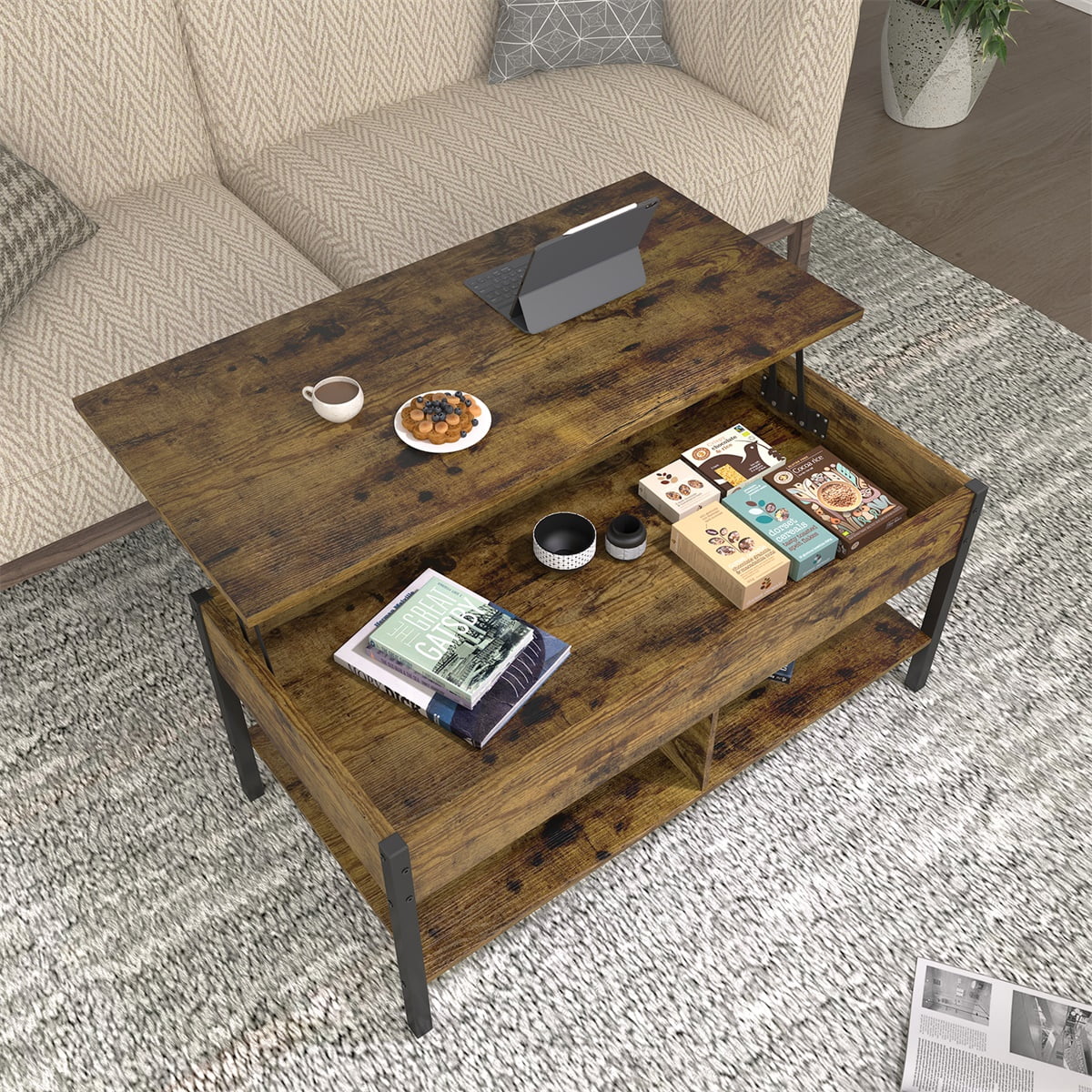 Kepooman Modern Wood Lift-Top Coffee Table with Compartment and Storage Shelf, Brown Kepooman Modern Wood Lift-Top Coffee Table with Compartment and Storage Shelf, Brown