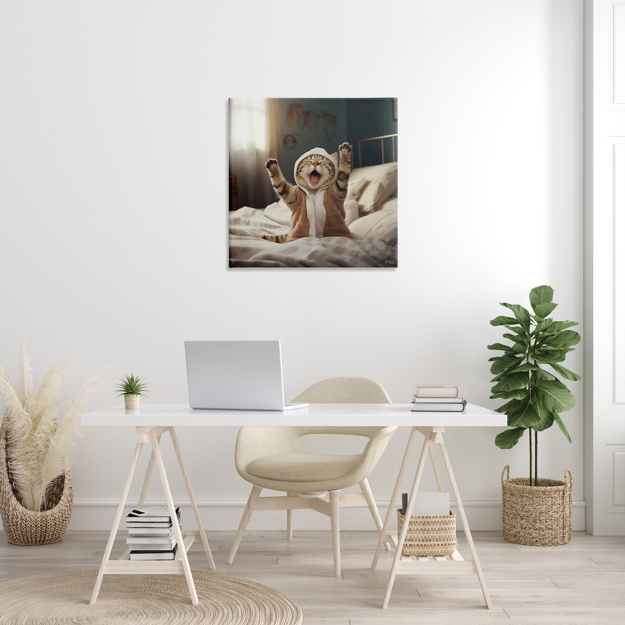 Stupell Industries Yawning Cat in Bed Animals & Insects Painting Gallery Wrapped Canvas Art Print Wall Art, 30 x 30