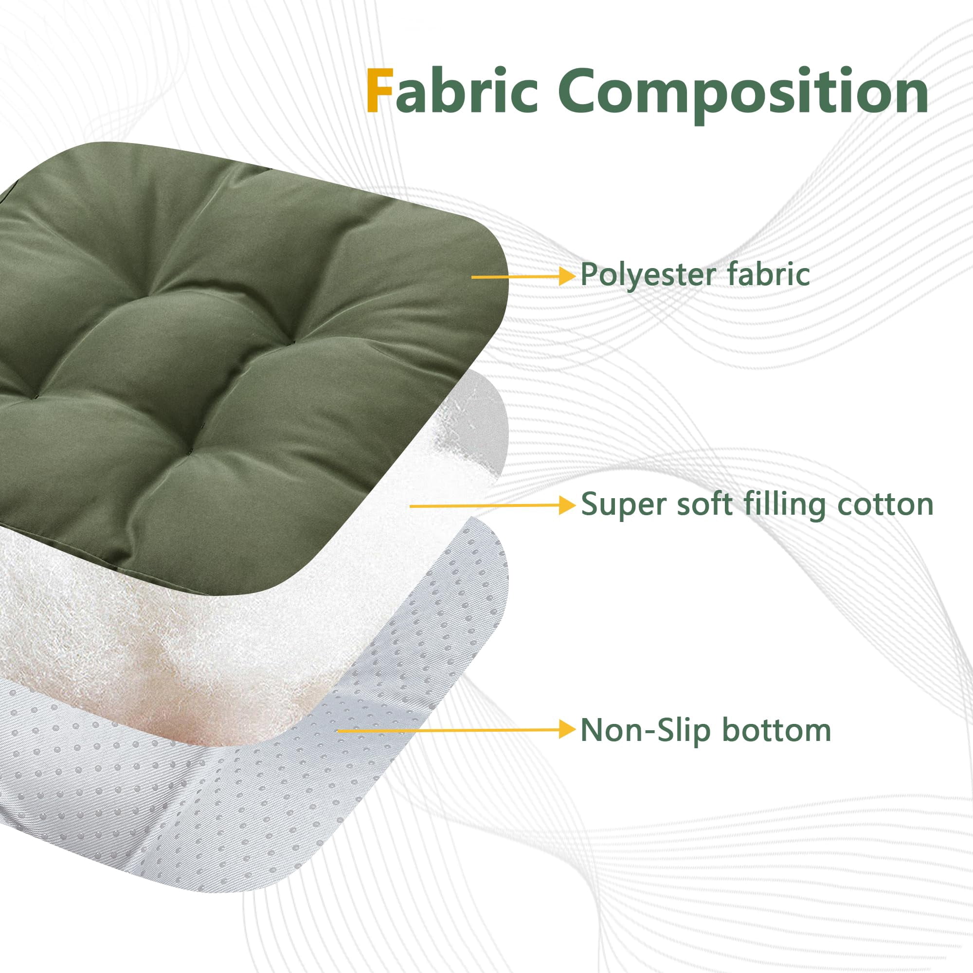 Chair Cushions for Dining Chairs Set of 2, 16.5" x 16.5" Tufted Memory Foam Seat Cushions, 3.5" Thick Olefin Fabric Kitchen Chair Pads with Ties & Non-Slip Backing, Deep Green