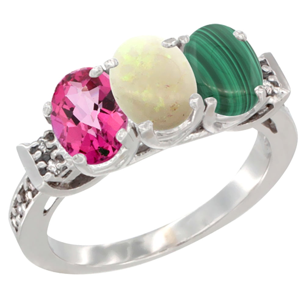 10K White Gold Natural Pink Topaz, Opal & Malachite Ring 3-Stone Oval 7x5 mm Diamond Accent, sizes 5 10 by WorldJewels