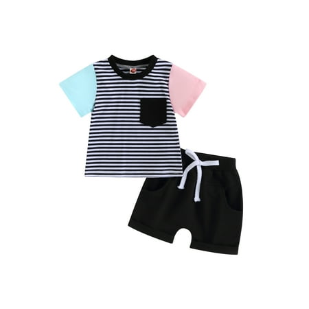 

jaweiwi Baby Toddler Boys Shorts Clothes Set 0 6M 12M 18M 24M 3T Short Sleeve Striped T-shirt with Elastic Waist Shorts Summer Outfit