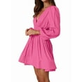 thumbnail image 2 of Mini Deep V Long Sleeve Dress for Women A-Line High Waisted Casual Flowy Dress for Cocktail Wedding Guest Rose Red XL, 2 of 9