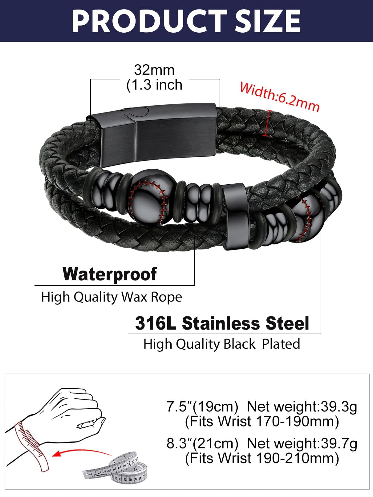 Bandmax Men's Stainless Steel Baseball Beaded Bracelet Double Leather Braided Bracelet Cool Black Wristband with Baseball Bead Charm for Men Boyfriend Husband Father Son