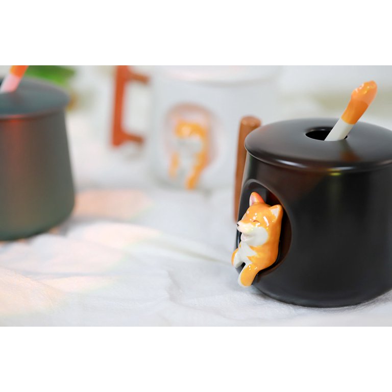 Cute Dog Ceramic Mug Wood Handle Design with Spoon and Lid Black