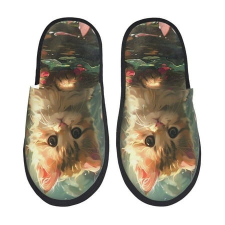 Balery Cute Kitten Water Lilies Slient Indoor Furry Fleece Comfort House Shoes Soft Non-Slip Home Shoes Cotton slippers House Slippers-- Medium