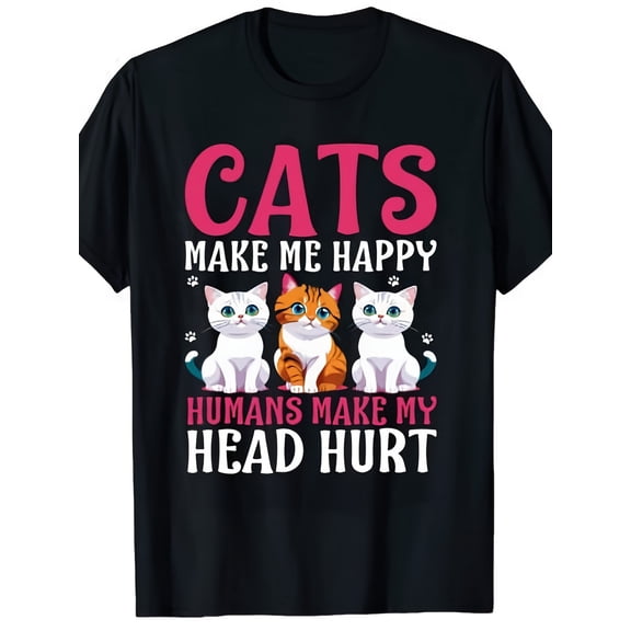 Cats Make Me Happy Humans Make My Head Hurt Graphic Tee for Women, Funny Cat Lover Short Sleeve T-Shirt, Casual Crew Neck Top for Daily Wear