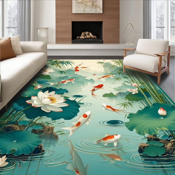 Flatwoven High Traffic Area Rug, Mystical Japanese Garden, Non Slip, Stain Resistant, Washable Area Rugs for Living Room, Bedroom(Green, 4X6)