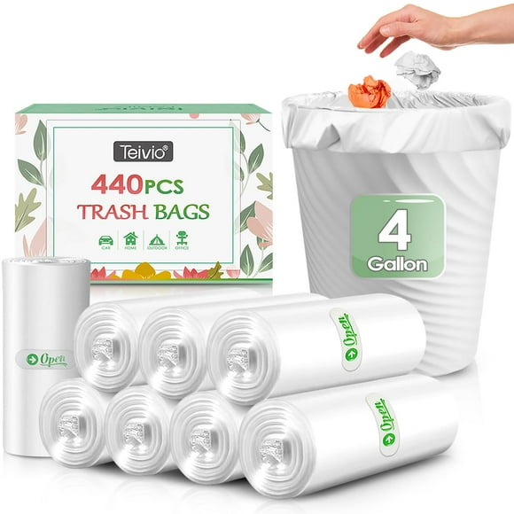 4 Gallon 440 Counts Strong Trash Bags Garbage Bags By Teivio, Bathroom Trash Can Bin Liners, Small Plastic Bags For Home Office Kitchen (Clear)