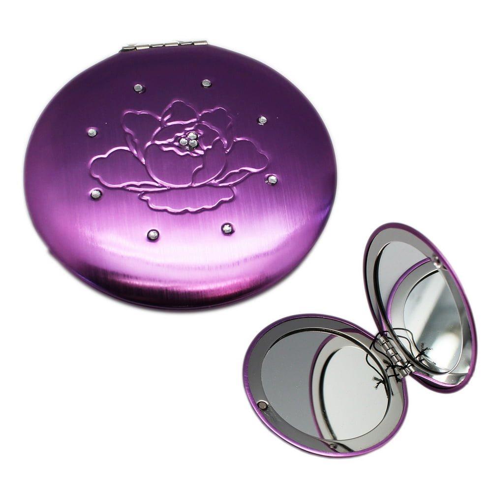 Brushed Violet Color Compact Mirror With Flower Engraving