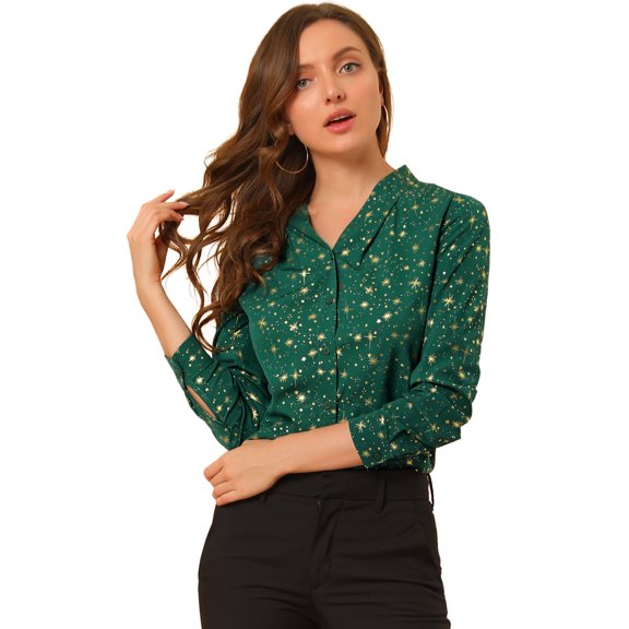 Unique Bargains Women's Stand Collar Metallic Dots Stars Blouse Top S Dark Green