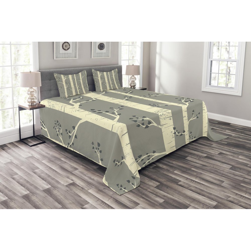 Grey Bedspread Set Queen Size, Birch Tree Branches Vintage Bohemian