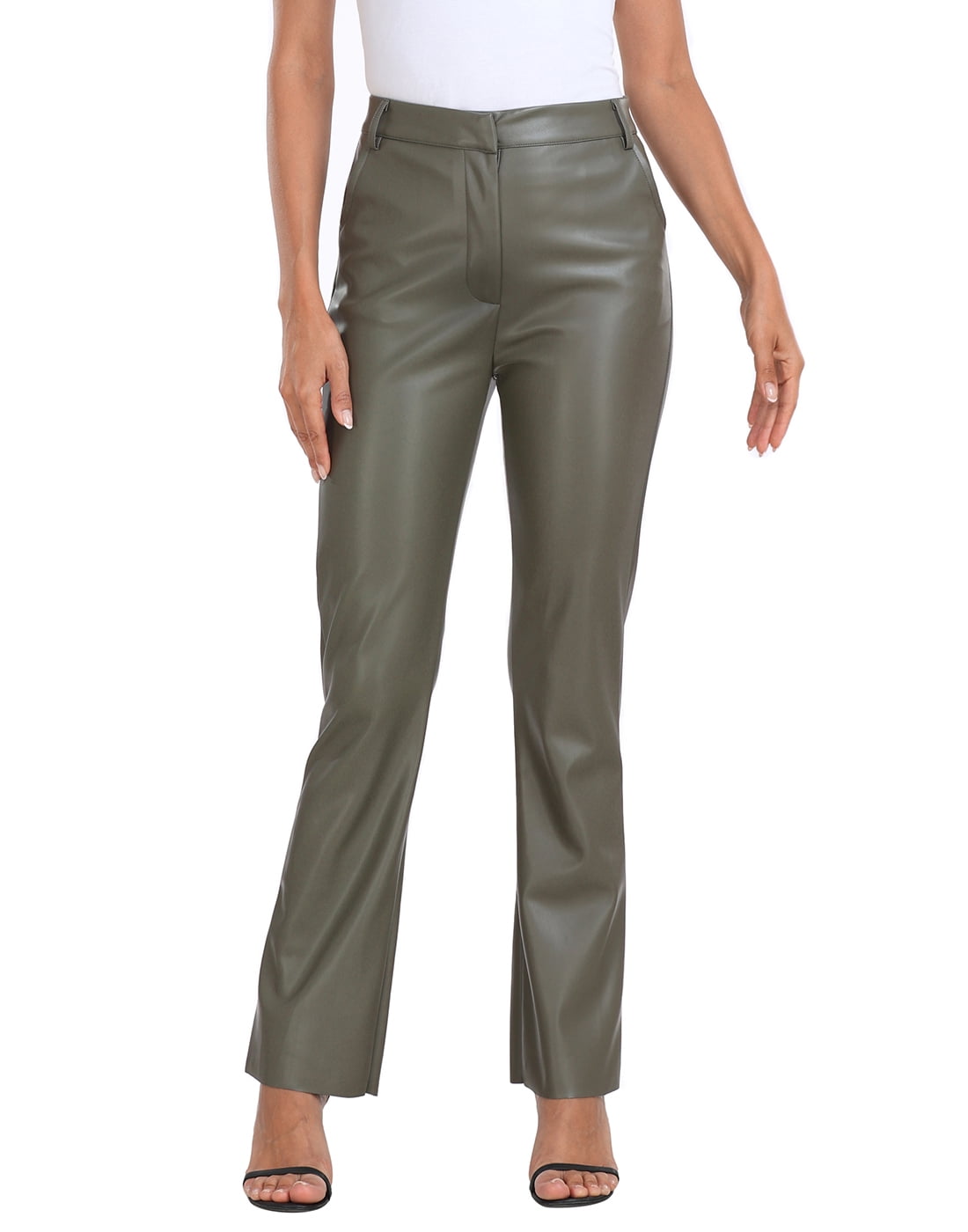 French Green Pockets High Waist Faux Leather Pants Spring AS1011 main image 1