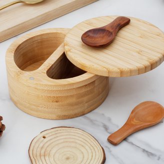 2 Piece Bamboo Salt & Pepper Bowls With Lids & Spoons - Engraved Rose Design, Swivel Lids, 12oz