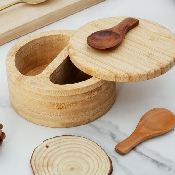 Austok Salt and Pepper Bowl Bamboo Salt and Pepper Box with Rotating Magnetic Lid 2 Compartments Salt and Pepper Cellar with Spoon Round Salt Spice Box for Home Kitchens
