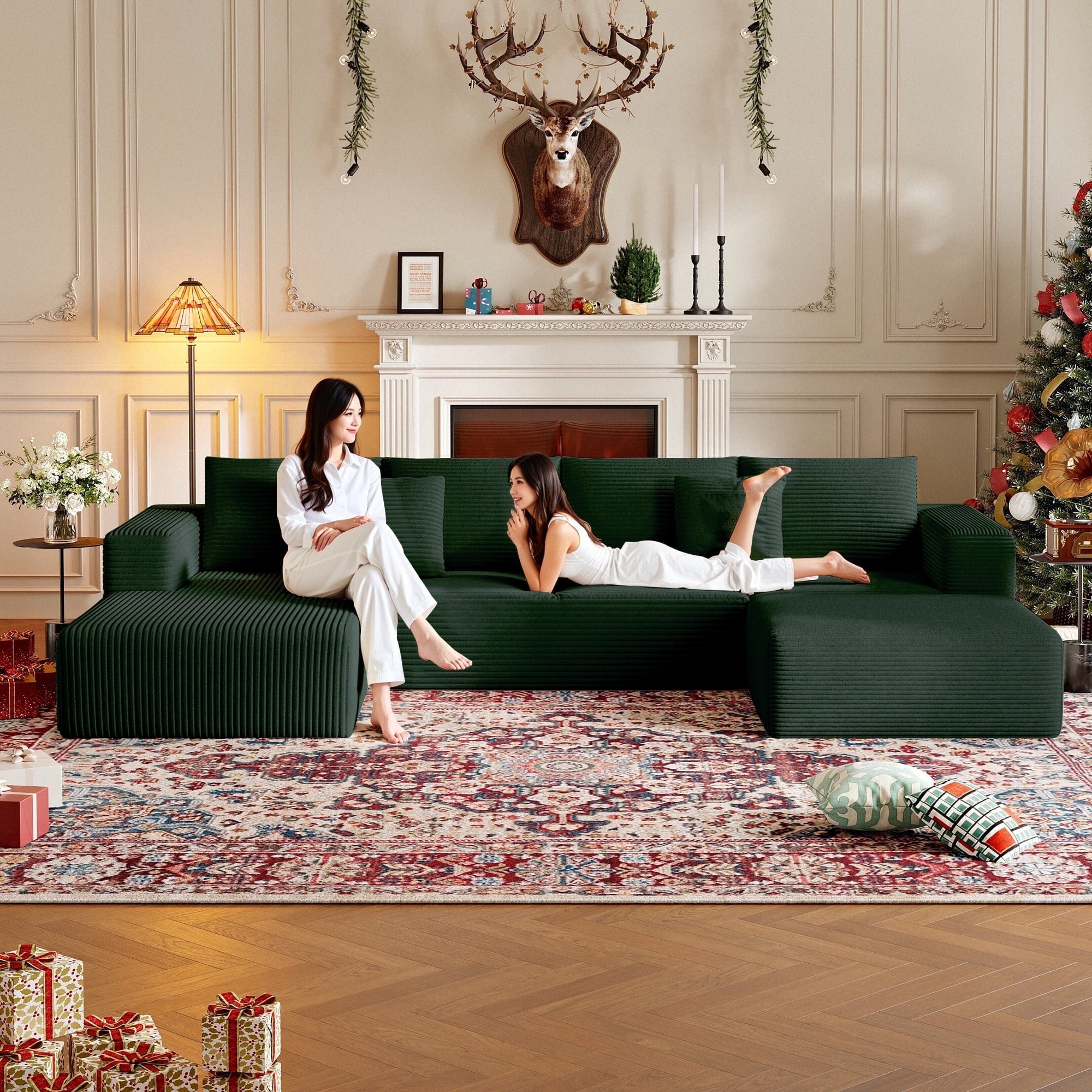 DILORA Large Sectional Cloud Couch,U-Shaped Sofa(Green),Modular And Compressed,Three Packages,134 Inches