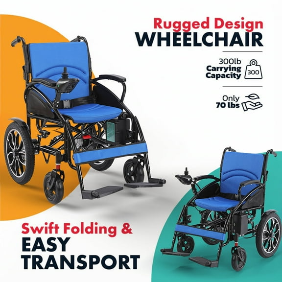 Rubicon DX01 All-Terrain Foldable Electric Wheelchair, 500W Motor Power Chair with 12 Mile Range, 300 lbs Capacity, Durable and Lightweight, Blue