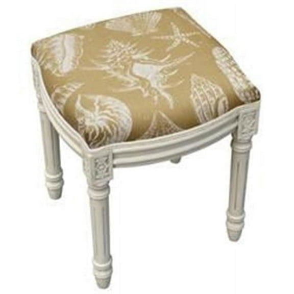 123 Creations WFS020XXBE Tan Seashells Upholstered Wooden Vanity Stool, Antique White