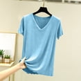 thumbnail image 2 of Feancey V Neck Pajama Tops for Women Milk Silk Soft Short Sleeve T-Shirts Comfy Lightweight Summer Tees Relaxed Fit Casual Blouse Light Blue XL, 2 of 6