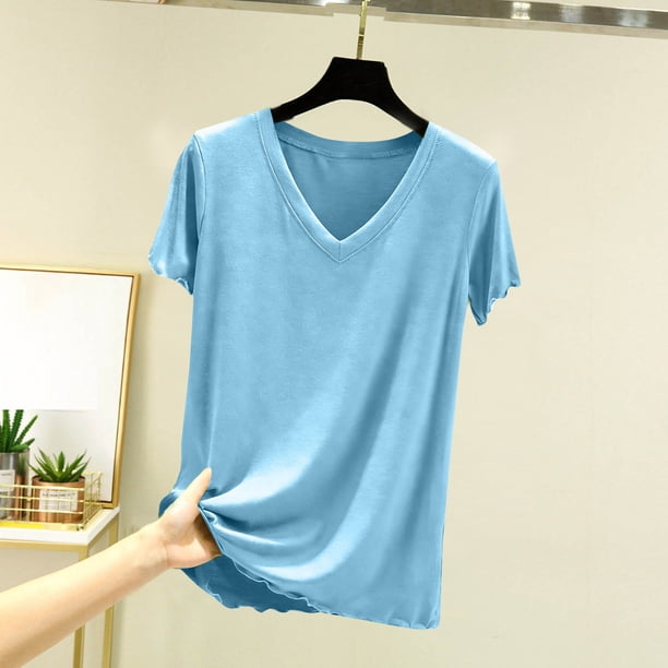 TaTaai Women's Summer V-neck Pullover Short Sleeve Pajama Top, Solid Color Fashion Casual Soft Breathable Loungewear Daily Home Blouse Gift