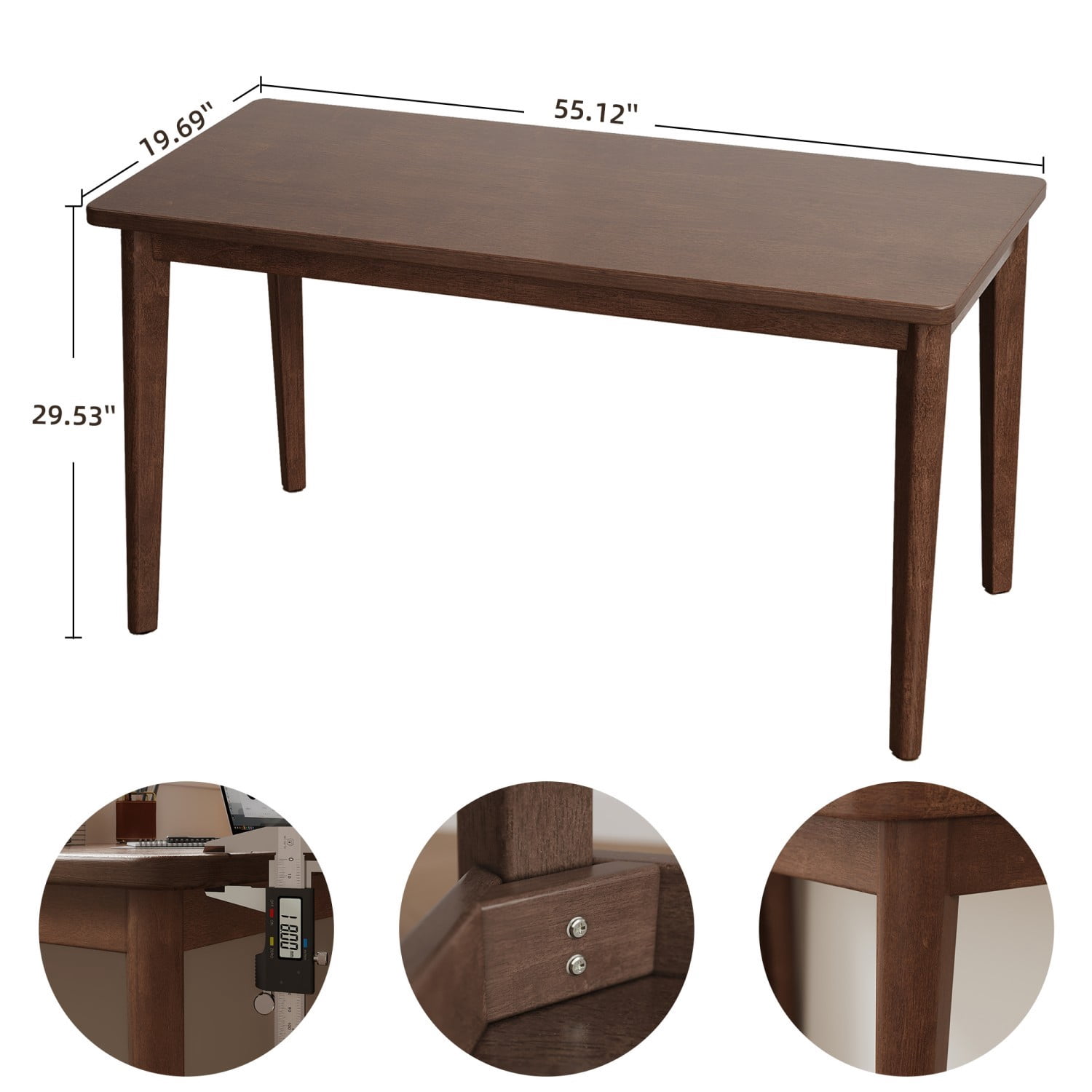 Solid Rubberwood Writing Desk 55" Mid Century Modern Small Computer Desk for Bedroom Office Study Walnut Compact Work Table