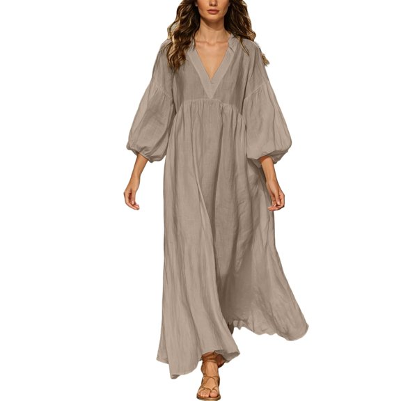 Ygbgbb Women V‑Neck Puff Sleeve Loose Maxi Dress, Elastic Waist Flowey Hem Casual Dress for Beach Holiday and Summer Relaxed Daily Wear Khaki M