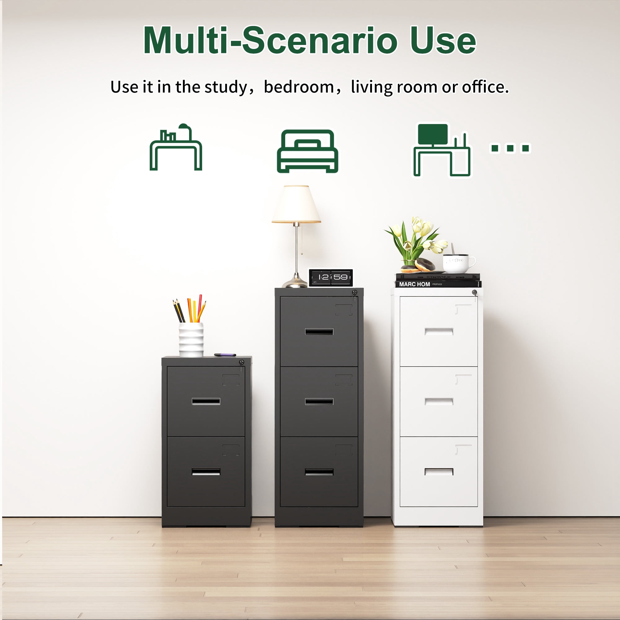 File Cabinet, 3 Drawer Filing Cabinet with Lock, Locking Vertical File Cabinet for Home Office, White Metal File Cabinet for Hanging Letter/Legal Folders, Easy Assemble
