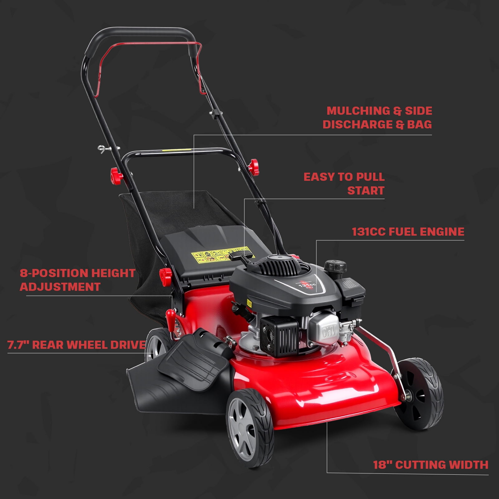 Lawn Mower Happydeer 131cc Gas Self-Propelled Lawn Mower, 3 in 1Rear Wheel Drive with 50L Grass Catcher Bag, 46cm Cutting Width, Big Wheels
