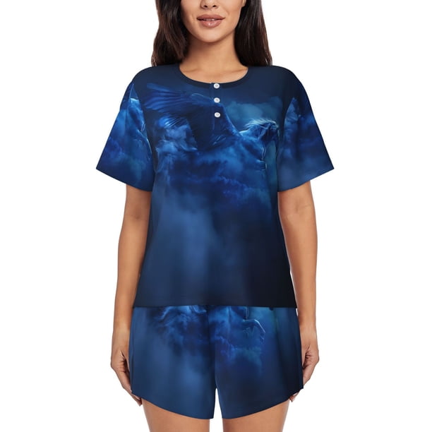 Balery Pegasus Night Sky Conjunto de Pijama para Mujer con Estampado, Dos Piezas de Manga Corta y Shorts, Ropa de Dormir Suave con Cuello Redondo y Bolsillos-Small