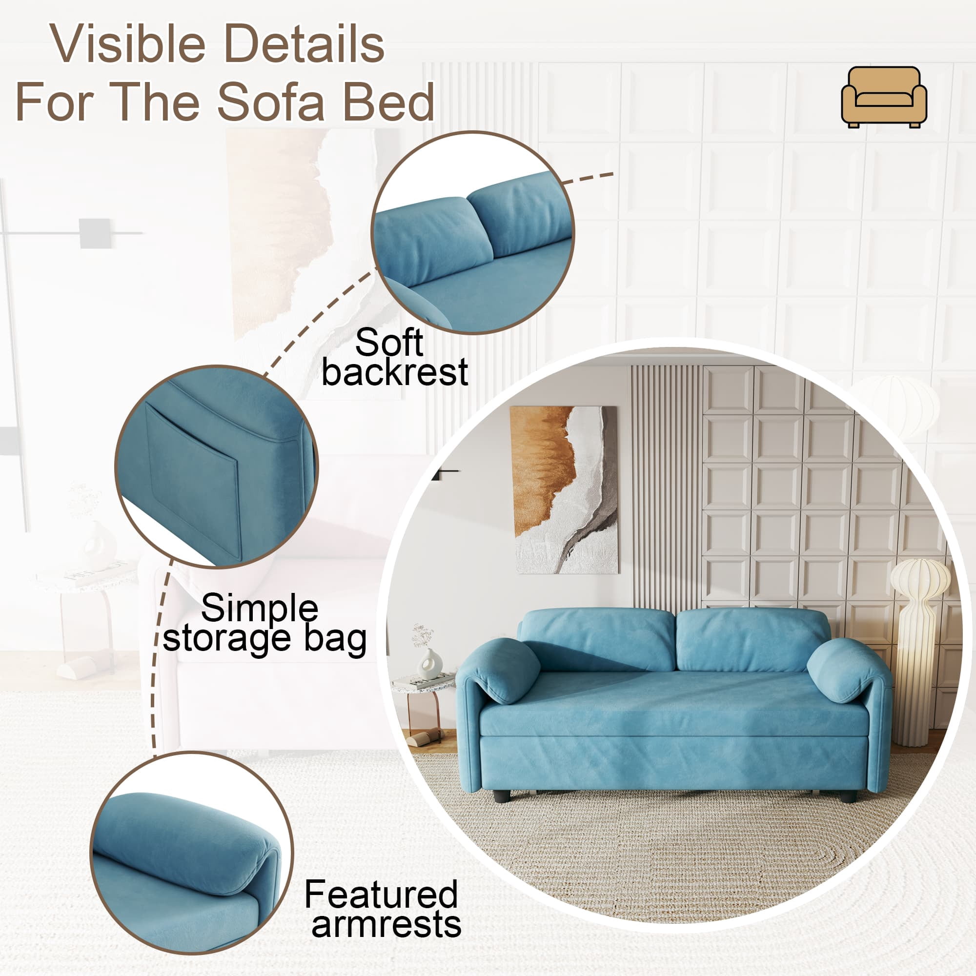 MAYEERTY 54" Velvet Convertible Sofa Bed, Pull Out Couch Beds Loveseat for Apartment, Living Room, Small Space, Blue