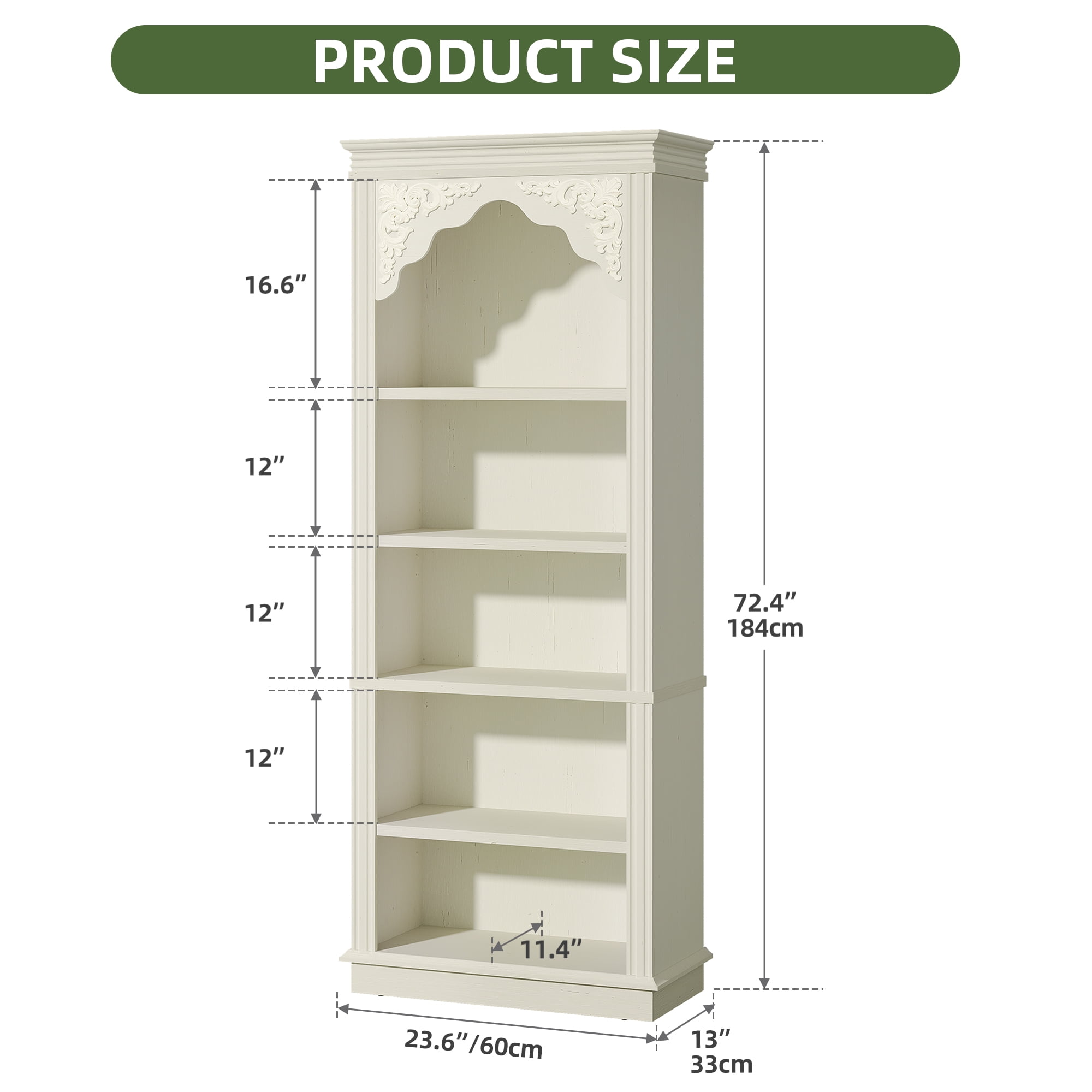 Uforic 5-Tier Bookcase, Vintage Arched Tall Bookshelf with Adjustable Shelves, White Open Display Rack, 23.6"