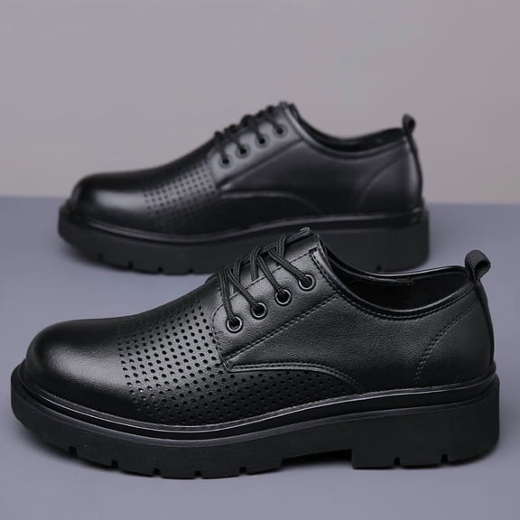 Men's Black Perforated Chunky Platform Lace Up Derby Shoes, Breathable Non-Slip Lug Sole Casual Work Oxfords, Wide Toe Summer Office Walking Footwear