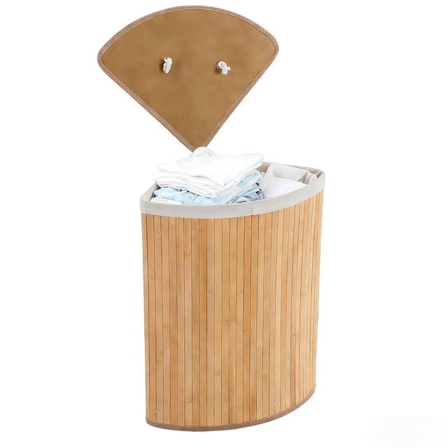 QinaQin Cesto esquinero para ropa con tapa, capacidad de 58 L, estructura plegable de bambú con bolsa lavable para recámara o baño