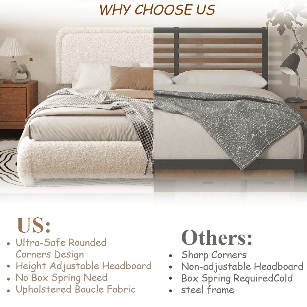 VIPLOV Full Size Boucle Bed Frame, Cloud Upholstered Platform Bed with Height Adjustable Headboard & Soft Rounded Corners, No Noise Free, Easy Assembly,Beige