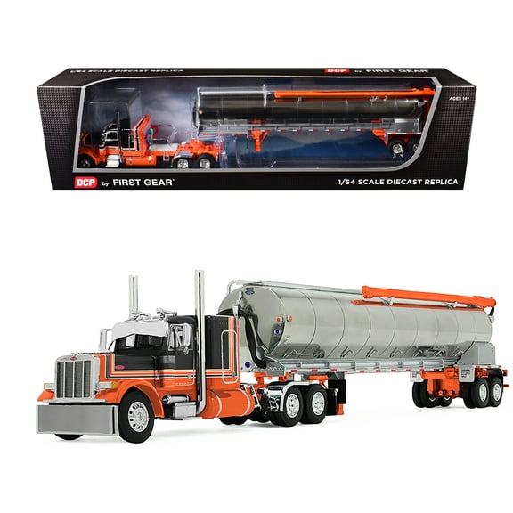 Peterbilt 379 with 48" Flat Top Sleeper and Walinga Bulk Feed Trailer Orange and Black with Stripes 1/64 Diecast Model by DCP/First Gear