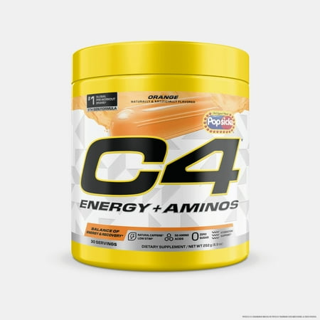 C4 Energy + Aminos Pre Workout Powder, 5g BCAAs & EAAs, Zero Sugar, Orange Popsicle, 30 Servings
